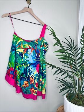 Cache Tropical Print Silk One Shoulder Top
